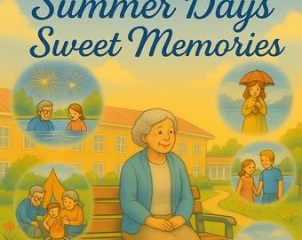 Op de afbeelding: Illustratie van een vrouw die op een bank zit, omringd door cirkelvormige vignetten die zomeractiviteiten uitbeelden. De afbeelding bevat de tekst "Summer Days Sweet Memories" en "HomeAgainBySindy".