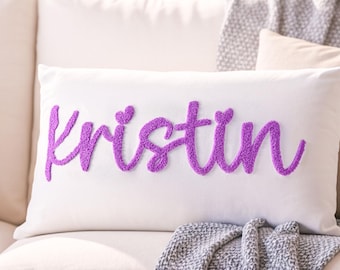 Custom Embroidered Name Pillow, Personalized Throw Pillow, Punch Needle Decorative Cushion, Anniversary Gift, Gift for Her, Christmas Gifts