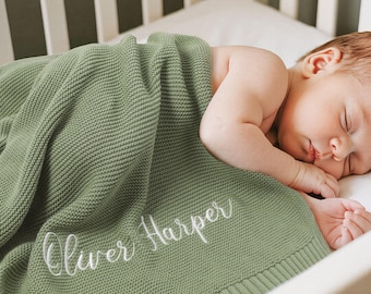 Personalized Embroidered Baby Blanket,Custom Baby Blanket for Boy/Girl,Soft Breathable Cotton Knit,Welcome Baby Blanket,Newborn Baby Gift