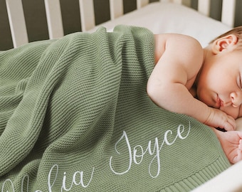 Couverture pour bébé en tricot brodé, cadeau de naissance personnalisé en coton