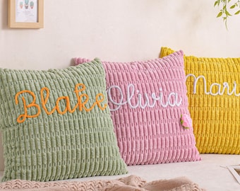 Coussin brodé personnalisé avec nom, housse de coussin en chenille personnalisée, cadeaux de décoration intérieure