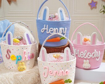 Panier de Pâques personnalisé en corde, oreilles de lapin au crochet, sac de chasse aux œufs avec prénom personnalisé