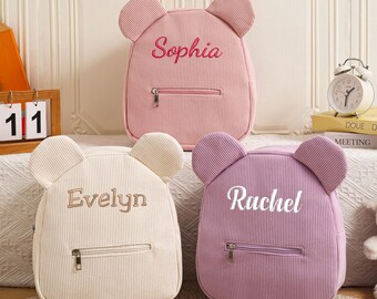 Sac à dos personnalisé en velours côtelé avec nom brodé pour tout-petit