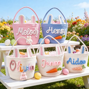 パーソナライズされたイースターバスケット、子供用カスタムネームバスケット、子供用イースターギフト、イースターエッグハントギフトバスケット、ロープコットンベビーバスケット、バニーバスケット