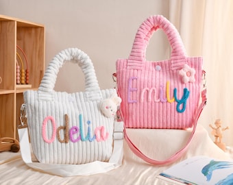Bolso de pana personalizado para niños, bandolera personalizada, lonchera, regalo para la vuelta al cole, regalo para baby shower, bolso colorido con nombre, regalo para niños.