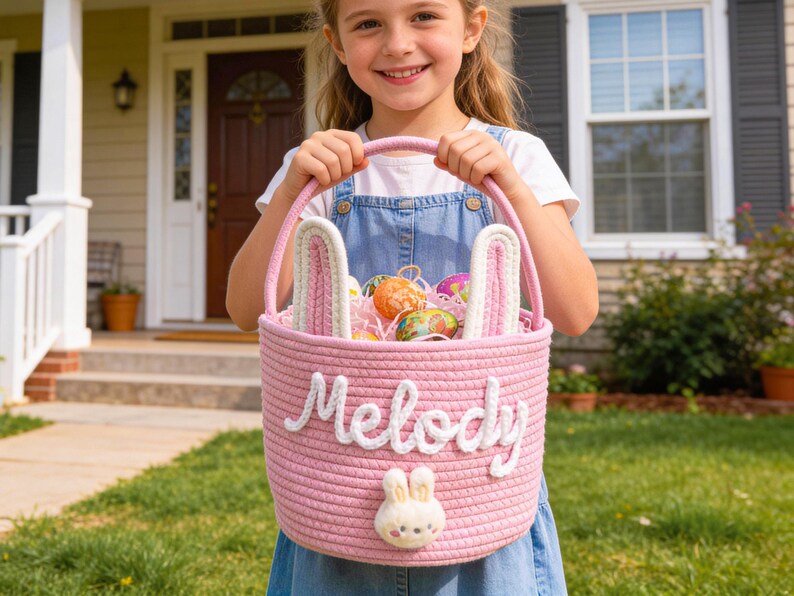 以下が含まれることがあります： ピンク色のイースターバスケット。ウサギの耳と白い筆記体で「Melody」と書かれています。バスケットにはカラフルなイースターエッグと装飾用の紙が入っています。小さなウサギの顔が前面に付いています。