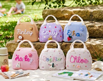 Sac à lunch personnalisé en velours côtelé pour enfants, boîte à lunch personnalisée avec prénom au crochet, pour garçons et filles, cadeau de rentrée
