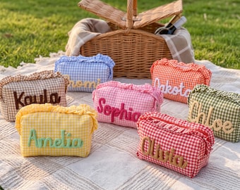 Trousse à maquillage personnalisée à carreaux vichy et volants, trousse cosmétique personnalisée avec nom, cadeau pour les demoiselles d'honneur