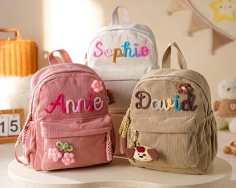 Sac à dos personnalisé en velours côtelé pour tout-petit, cartable pour enfant avec prénom au crochet, cadeau de rentrée