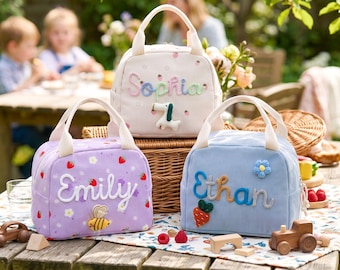 Personalized Corduroy Kids Lunch Bag, Hand-Crocheted Name Lunch Box, Back to School Gift
