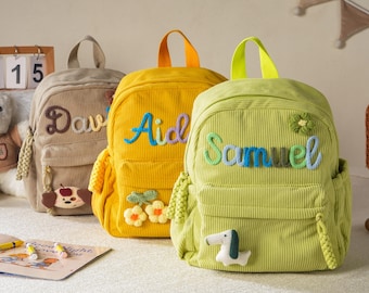 Sac à dos personnalisé en velours côtelé pour enfants, cartable avec prénom personnalisé pour tout-petit, cadeau de rentrée