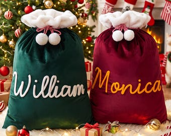 Grand sac de Noël en velours personnalisé, sacs de Noël familiaux avec nom, sac cadeau de Noël, Père Noël pour enfants