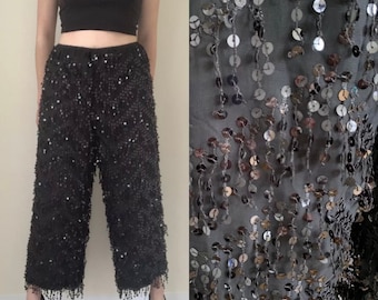 Vintage Sequin Fringe Palazzo Evening Pants wide leg Cattiva party M/L disco