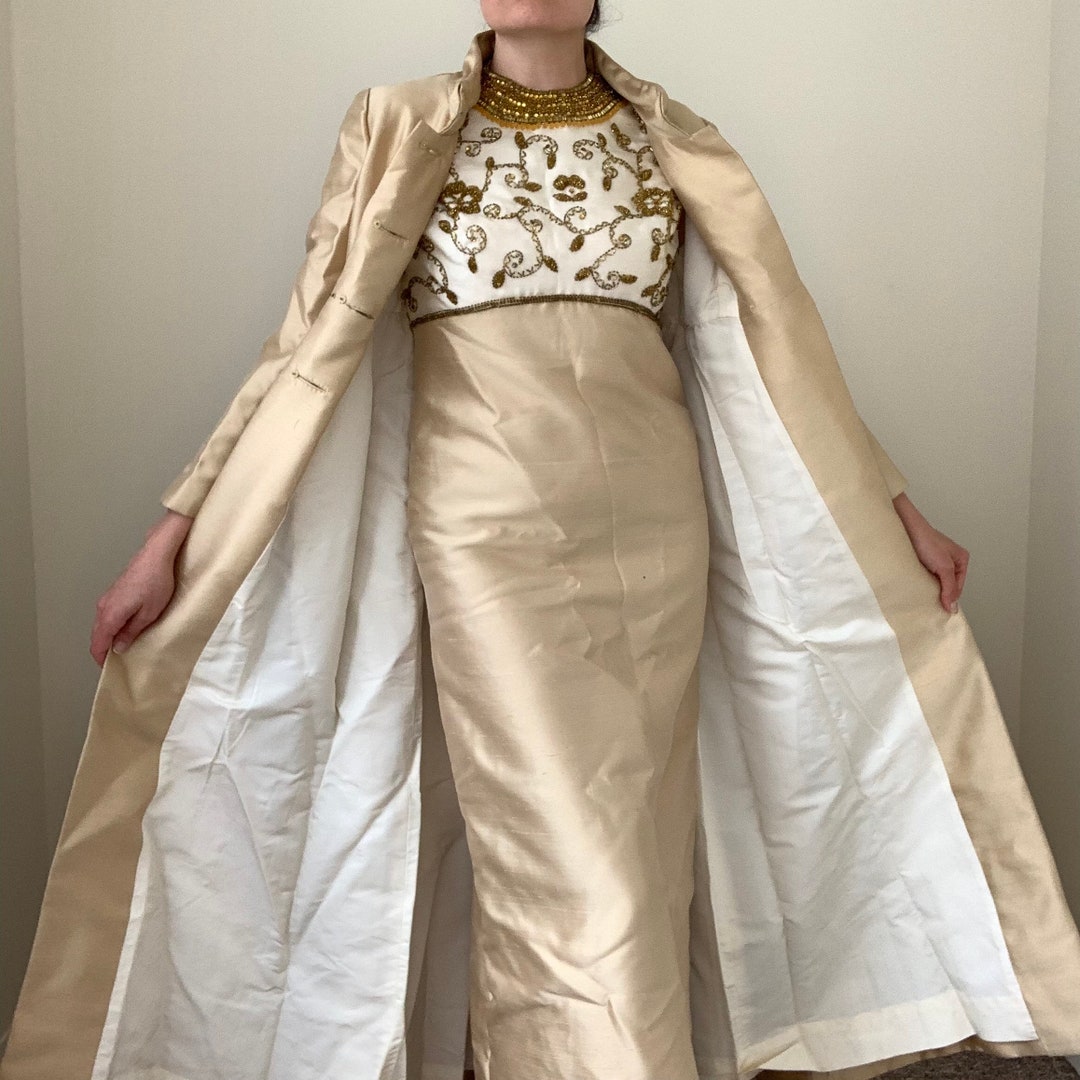 1960s Lillie Rubin Ivory Silk Coat Evening or Opera Coat w Silver Beaded Collar