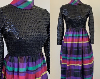 1960s Malcolm Starr Evening Hostess Dress Sequin Taffeta Maxi Long Plaid Vintage