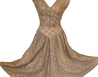 1950s Spider Web Lace Party Prom Dress Rhinestone Pink Tan overlay XS belted