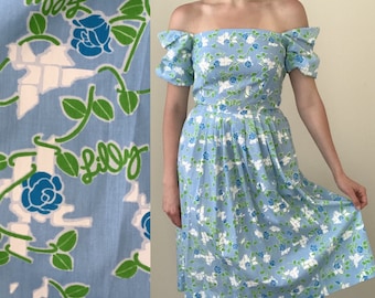 Vintage 1960s The Lilly Pulitzer Sundress Picnic Blue Dress Floral Cotton XS
