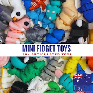 May include: A selection of brightly coloured mini fidget toys in diverse shapes, including animals and abstract forms. The toys are in shades of blue, pink, green, yellow, and grey. Text on the image reads "MINI FIDGET TOYS" and "50+ ARTICULATED TOYS".