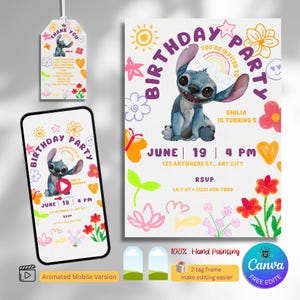 Invitation d’anniversaire brodée Stitch peinte à la main modifiable Pack imprimable avec vidéo animée étiquette de remerciement personnalisa