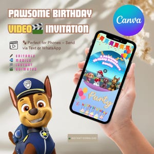 Vidéo d'invitation d'anniversaire animée éditable Paw Patrol pour enfants Carte de fête numérique – Téléchargement instantané Modèle Canva