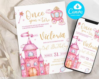 Princess Birthday Invitation Girl Princess Birthday Party Invite Pink Princess Theme Editable Template Printable Template Mobile Template
