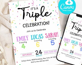Editable Sibling Birthday Invitation, Triple Birthday Invitation, Triple Combined Twins Invitation, Joint Birthday, Editable Canva Template