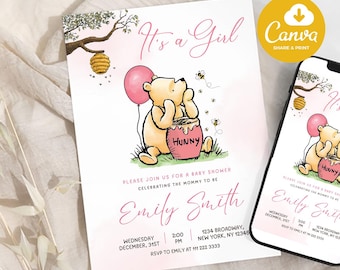 Editable Winnie The Pooh Baby Shower Invitation, Pink Winnie The Pooh Invitation, Digital Invitation Its a Girl, Pooh Printable Template