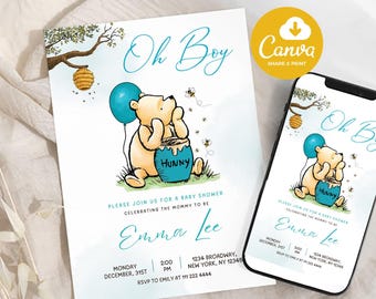 Editable Winnie the Pooh Baby Shower Invitation, Digital Invitation Oh Boy, Blue Winnie The Pooh Invitation, Pooh Printable Template