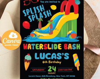 Editable Waterslide Birthday Invitation - Summer Pool Party - Splash Birthday Evite - Water Slide Bash Modern Canva Template Boy Girl