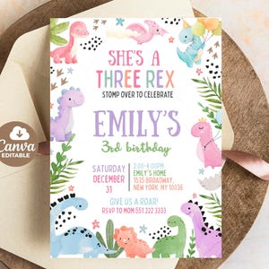 May include: A colorful birthday invitation with a dinosaur theme. The invitation features the text "She's a Three Rex" and "Emily's 3rd birthday". The design includes illustrations of various dinosaurs in pastel colors, along with event details.