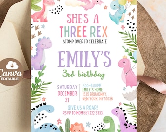 Editable Dinosaur Birthday Dinosaur Birthday Invitation, Three Rex Birthday Girl Invitation, Pastel Cute Dinosaur Party Invite, 5x7 Invites