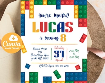 Invitación de bloques de construcción, invitación de ladrillos, invitación de cumpleaños imprimible, invitación digital editable, invitación de cumpleaños para niños