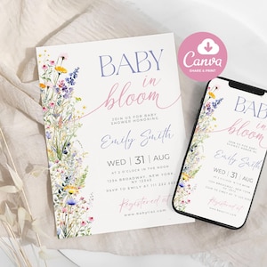 Baby in Bloom Invitation, Wildflowers Baby Shower Invitation, Purple Pink Flower Invitation, Wild Flower Invite, Floral Baby Brunch Invite