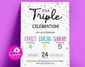 May include: A white invitation with colorful confetti and the text "It's a Triple Celebration!" in black script. The invitation lists three names, ages, and the date: August 24th. The Canva logo is in the bottom left corner.