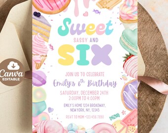 Sweet Sassy and Six Birthday Invitation, Girl 6th Birthday Invitation, Sweet Six Invitation, Pastel Sweets Dessert Donut Candy, Canva Invite