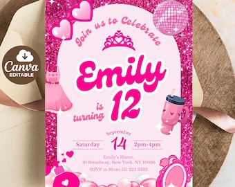 Editable Pink Doll Birthday Invitation Glitter Stylish Girl Princess Party Digital Instant Download Canva Template Pink theme