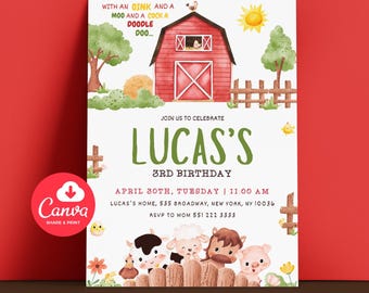 Editable Farm Birthday Invitation Boy Farm Animals Boy Barnyard Birthday Party Download Printable Invitation Template Digital canva