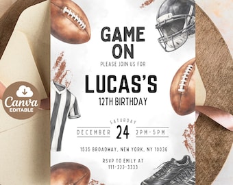 Editable Sports American Football Game On Birthday Party Invitation Template, Editable in Canva