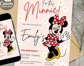 Minnie mouse Birthday Invitation, 4th Birthday Template, Minnie mouse 4 year old invitation digitally editable in canva