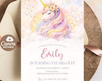Unicorn Birthday Invitation | Pastel Rainbow Party Invite | Sparkle Design | Downloadable Printable Canva Template for Girls Canva Template