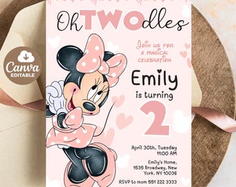 Editable Oh TWOdles Birthday Invitation Digital 2nd Birthday Cute Mouse Second Birthday Invite Oh Twodles Invitiation Boho Minnie Invite