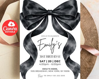 Editable Black Bow Birthday Invitation Template: Elegant Editable Party Invite, Digital Download for Printable