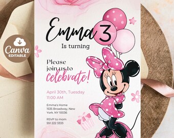Editable Minnie Mouse 1st 2nd 3rd 4th Birthday Invitation: Pink Balloons, Girl Party Canva Template, Digital Download
