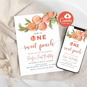 Peach First Birthday Invitation Template, One Sweet Peach Birthday Invite, Editable 1st Birthday Invitation, Text Message Invite
