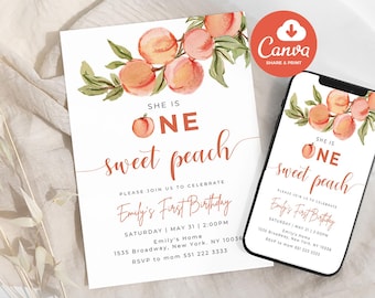 Peach First Birthday Invitation Template, One Sweet Peach Birthday Invite, Editable 1st Birthday Invitation, Text Message Invite