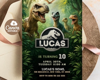 Dinosaur Party Invitation, Dino Boy Birthday Party, Dinosaur World Invite, T-Rex Party Invite, Jurassic 1st 3rd 5th Birthday, Editable Canva