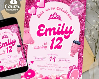 Editable fashion doll birthday Invitation | Fashion Doll Birthday Invitation | Pink Glitter Party | Instant Download | Canva Template