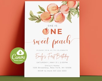 Peach First Birthday Invitation Template, One Sweet Peach Birthday Invite, Editable 1st Birthday Invitation, Text Message Invite