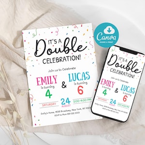 Könnte beinhalten: Eine Geburtstagseinladung mit dem Text "It's a Double Celebration!" in schwarzer Schrift. Die Einladung enthält die Namen Emily und Lucas, ihre Alter und das Datum 24. August. Ein Smartphone zeigt die gleiche Einladung an.