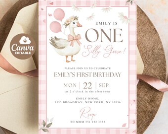 One Silly Goose Birthday Invitation, 1st Birthday Girl Pink Invite Printable, Goose 1st Birthday, Goose Invitation Template Daisy Gingham